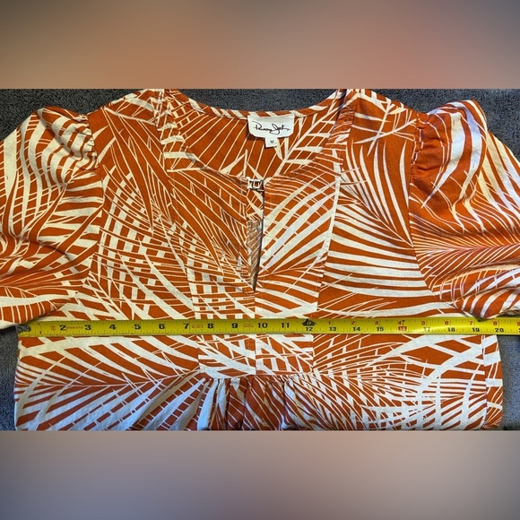 Panama Jack Womens Medium Orange White Palm Tropical Print Linen Blend Blouse - Picture 4 of 6